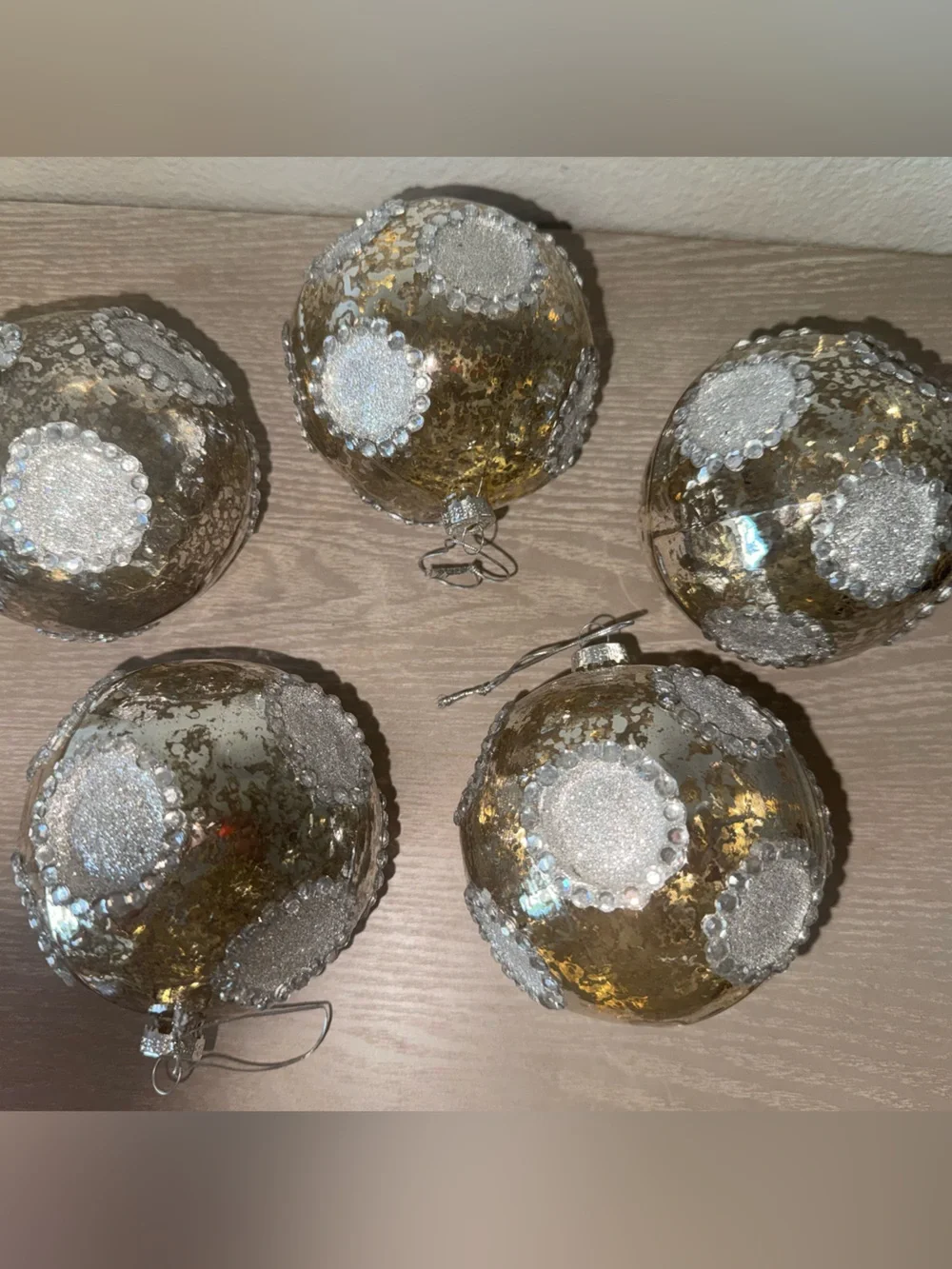 Silver mercury glass, Christmas ornament with beaded crystal set of 5